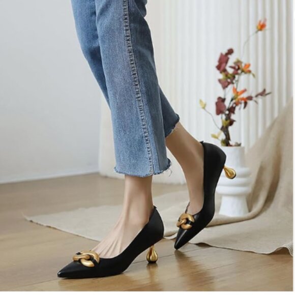 XYD Black Low Heel Pointed Toe Pumps with Metal Chain Solid Golden Heeled Shoes - Picture 1 of 8
